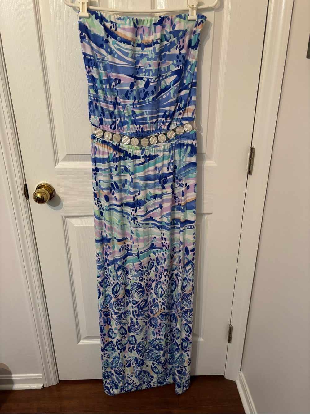 Lilly Pulitzer Mika Strapless Blue Patterned Maxi Dress with Shell detail - Picture 2 of 9